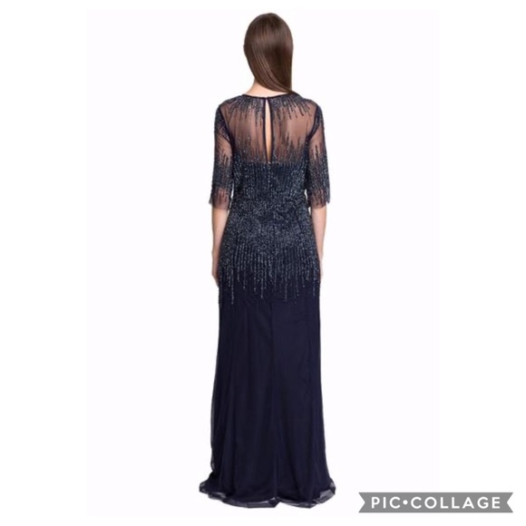 Adrianna Papell beaded 3/4 sleeves illusion sweetheart neck long gown - Picture 9 of 15